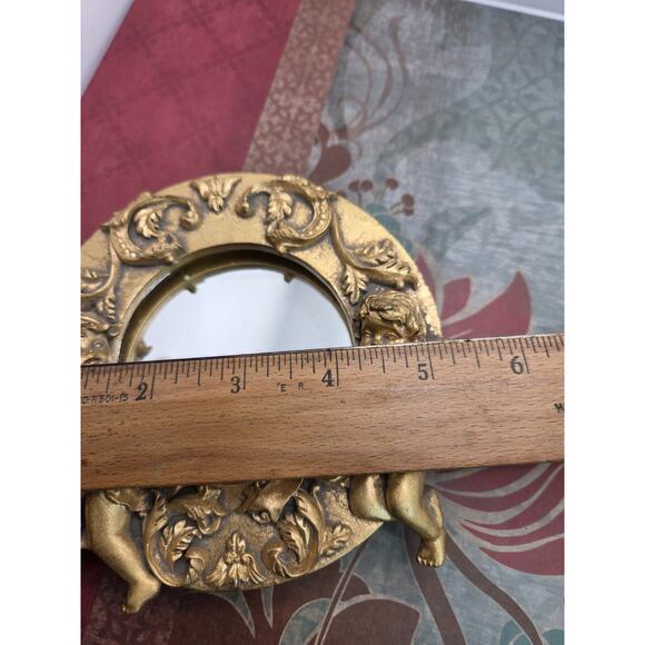 Cherub Mirror Gold Round Resin Regency Romantic 5.75 Inch Table Or Wall - Picture 9 of 9